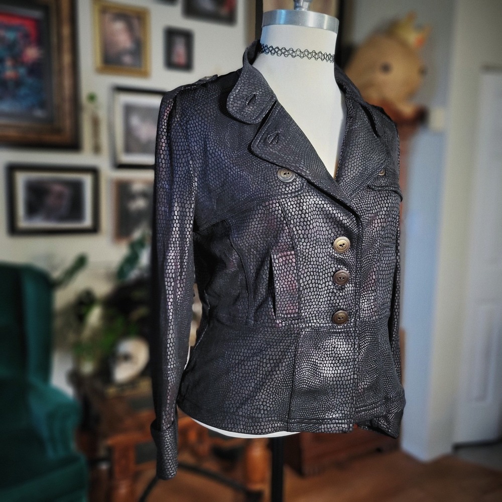 Clara‎ Sunwoo Jacket Small Black Snakeskin Print Metallic Moto Blazer Shrug Top